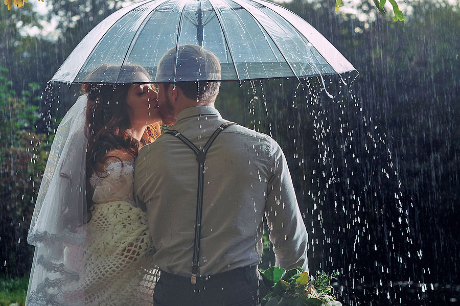 Rainy-Wedding Wedding Couple Under an Umbrella